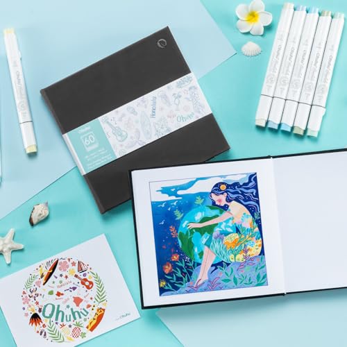 Ohuhu 6.3"x6.3" Double-Sided Bleedproof Marker Pad Art Sketchbook 60 Sheets | Small Square Sketch Book - 90 LB/150 GSM Smooth Drawing Paper - 60 Sheets/120 Pages -Hardcover Sketch Pad for Alcohol Markers - size: 6.3" x 6.3"
