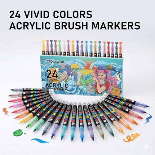 Colourcolor 24 Colors Acrylic Paint Pens, Non-Bleeding Brush Tip Markers Pens for Glass, Canvas, Stone, Rock Painting, Wood, Ceramic Surfaces, DIY Crafts Making Art Supplies - color: 24 Colors