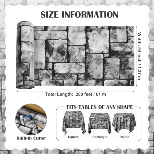 200FT x 54IN Stone Wall Plastic Tablecloth Roll with Slide Cutter Box | Heavy Duty Disposable Table Cover & Wall Backdrop, Cut-to-size for Medieval Party, Community, BBQ & Holiday Events - color: Deep Gray, size: 2400" x 54" (Rectangular)