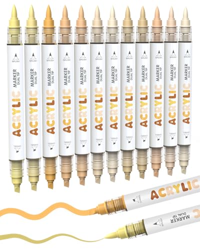 Guangna 12 Skin Tone Dual Tip Acrylic Paint Markers, Brush Tip & Chisel Tip Acrylic Paint Pens for Pumpkin Paint, Rock, Wood, Glass, Paper, Coloring Book, Ceramic, Canvas, Water-Based Ink - color: Skin Tone