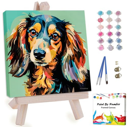 Artunion Framed Paint by Numbers Kit for Adults Beginners & Kids Ages 8-12,Colorful Dachshund Dog Paint by Number with Frame,Dog Animal Paint by Numbers Kit on Canvas 10 * 10 Inch Without Easel - color: ZXT-264-F