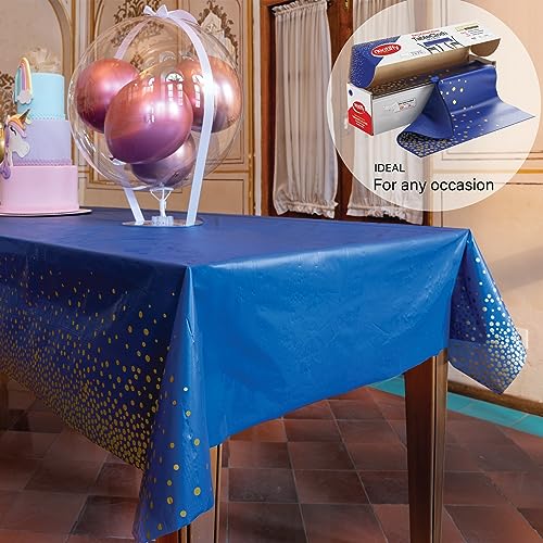 Neatiffy Disposable Plastic Table Cloth Roll with Slide Cutter | Waterproof Cover for Rectangle, Square, Oval Tables | Picnic, Party, Banquet, Birthdays, Weddings - Blue with Gold Dots - color: Blue Gold Dots, size: 54 inches X 100 feet