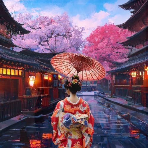 ALEXMACLIST 5D Diamond Painting Kit for Adults, Japanese Geisha in Cherry Blossom Street DIY Diamond Art, Full Drill Rhinestone Embroidery Craft for Home Wall Decor,14x14inch (Without Frame) - color: Japanese Geisha 01
