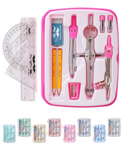Mr. Pen- Geometry Set, 13 pcs, 3 Metal Compasses, Protractor, 6" Ruler | 45° & 30°/60° Set Squares, Pencils, Lead Refills, Sharpener & Eraser for Math, Drafting & Classroom Use - color: Pink