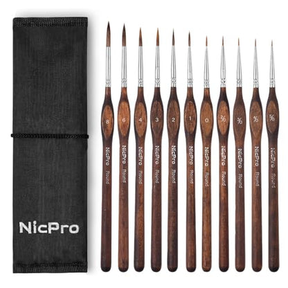 Nicpro 11 PCS Kolinsky Sable Miniature Paint Brushes with Cloth Roll | Professional Fine Detail Paint Brushes, Round Point Brush Set for Miniatures, Acrylic & Figures, Model, Watercolor Details - size: 11 PCS