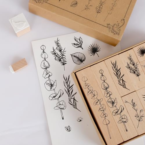 22 Pcs Plant Wooden Rubber Stamps Set, Wood Stamps for Journal, Diary, Scrapbook, Planner, Letter, DIY Craft, Card Making (Green Vitality) - color: Green Vitality