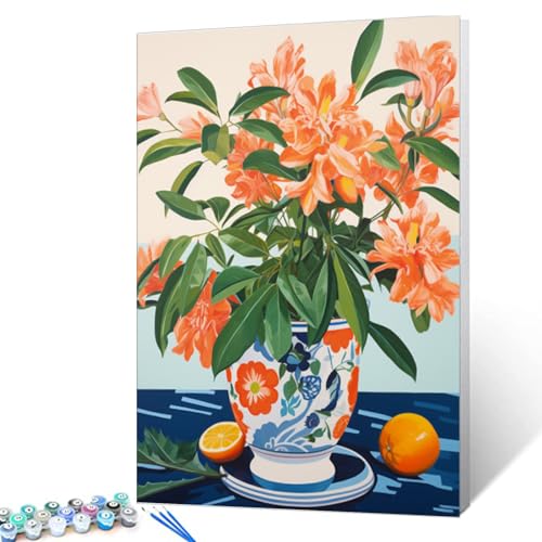 Tucocoo Orange Flowers in a Floral Pot Paint by Numbers Kits 16x20 inch Canvas DIY Oil Painting for Kids, Students, Adults Beginner with Brushes Acrylic Pigment Neo-Pop Style Painting(DIY Frame) - color: Floral Vase 02, size: 16''x20''(DIY Frame)