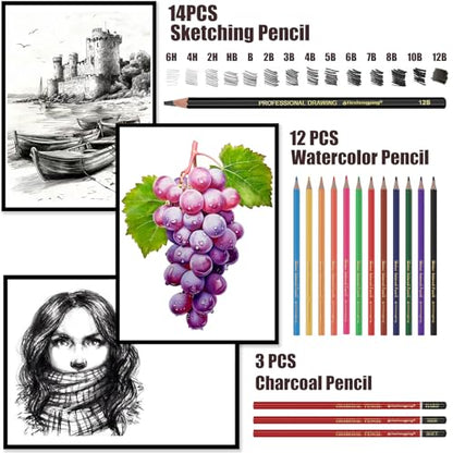 Heshengping, Sketching Pencil Set Drawing Pen Charcoal Sketch Kit Cover Graphite Charcoal Watercolor Pencils Paper Erasable Pen Beginners Artist Children and Adults(39pcs Art Supplies) - size: 1 Count (Pack of 1)