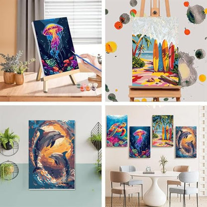 4 Pack Beach Paint by Numbers for Adults with Framed Canvas - Wooden Easel - color: BKH2378+BKH2379+BKH2380+BKH2381