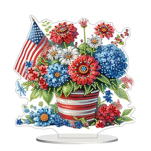DIY Tabletop Diamond Art Kit for Adult – Gem Painting Art Desktop Ornament with Special Shaped Rhinestones, Acrylic Stand-Up Gem Craft for Home Décor & Gift Idea (4Th of July-Flowerpot) - color: 4Th of July-Flowerpot