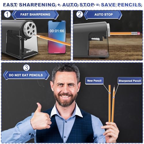 AFMAT PSX2 Electric Pencil Sharpener for Classroom, 6 Holes, Heavy Duty Pencil Sharpener for 6-11mm Pencils, Auto Stop, Save Pencils, School Teacher Must Have Pencil Sharpeners Plug in, Gray - color: Gray