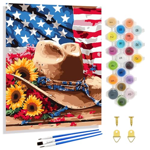 Yunnuo Paint by Numbers Kit for Adults American Flag,16x20 inch | Paint by Numbers for Beginners,Sunflower and Cowboy Hat,High-Definition Canvas,Creative Gifts and Decorations - color: E-002-Hat