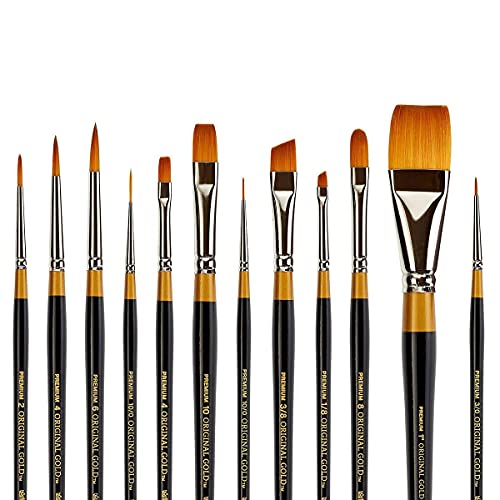 KINGART Premium Original Gold Series Handcrafted Golden Taklon Multimedia Artist Brushes, Set of 12, Black Glosss Handle, for Oil, Acrylic, Watercolor & Gouache Paints