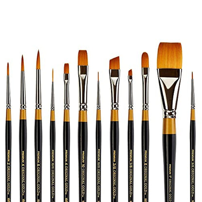 KINGART Premium Original Gold Series Handcrafted Golden Taklon Multimedia Artist Brushes, Set of 12, Black Glosss Handle, for Oil, Acrylic, Watercolor & Gouache Paints