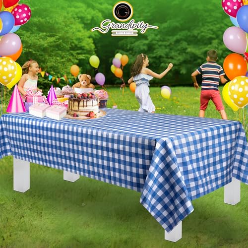 Grandipity Plastic Table Cloth Disposable 12 Pack 54” x 108” Rectangle | Blue Gingham Plastic table covers, durable disposable tablecloths, fade and tear-resistent table cover for party, event - color: Blue Gingham Checkered, size: 54in. x 108in. Rectangl