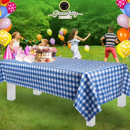Grandipity Plastic Table Cloth Disposable 12 Pack 54” x 108” Rectangle | Blue Gingham Plastic table covers, durable disposable tablecloths, fade and tear-resistent table cover for party, event - color: Blue Gingham Checkered, size: 54in. x 108in. Rectangl