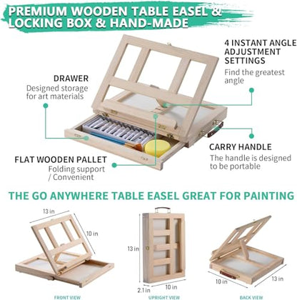 54 Pieces Complete Acrylic Paint Set with Portable Wooden Tabletop Easel | Starter Painting Kit with Tubes, Canvas Panels, Sketch Pads, Brushes, Palette for Beginners, Young Artists and Adults - color: Burlywood color