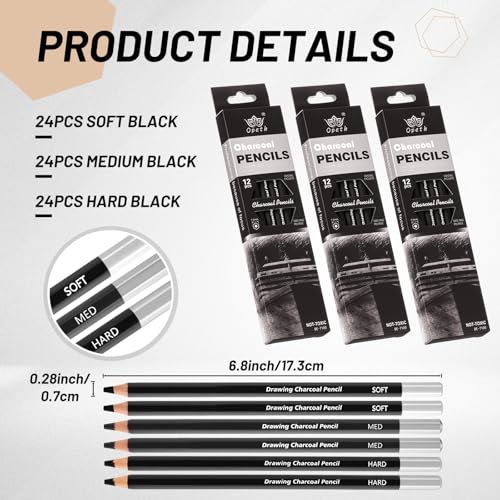 Geyoga 72 Pcs Professional Charcoal Pencils Bulk Soft Medium Hard for Drawing Charcoal Pencils for Art Painting Sketching Shading Drawing Blending Portrait Artists Students Christmas Stocking Gifts