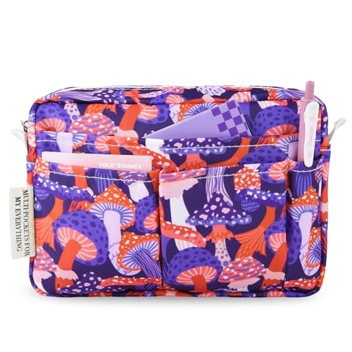 Multiple Pockets Portfolio Organizer with Zippered,Storage Pencil Pouch Bag | Waterproof Travel Toiletry Bag,Portable Pencil Pouch for Notebooks,Stationeries,Make-up,Journal Office Art Supplies,ZiMoGu - color: Purple Mushroom