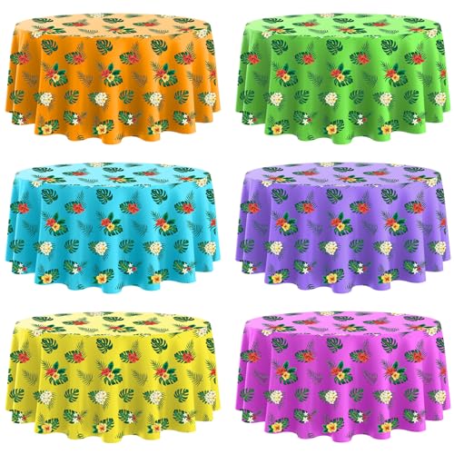 Oudain 6 Pcs 84" Summer Round Hawaiian Tablecloths, Lagre Tropical Luau Plastic Table Covers with Palm Leaves & Hibiscus Flower, Aloha Tiki Beach Pool Party Decorations Supplies (Multicolor) - color: Multi Color