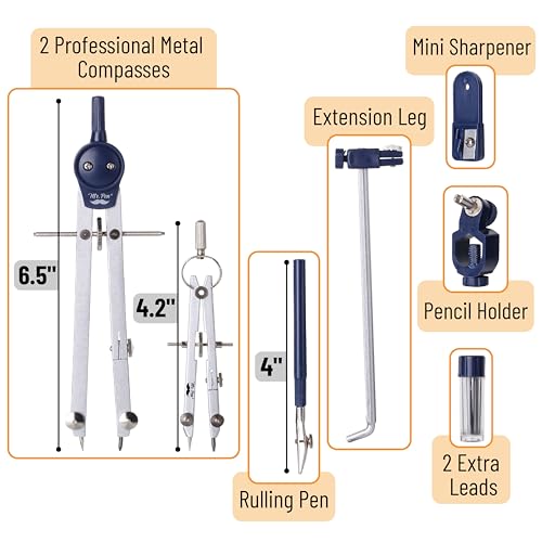 Mr. Pen- Professional Geometry Set, 7 pcs | Metal Compasses with Center Wheel & Extension Leg, Precision Drafting Kit with Storage Box for Geometry, Technical Drawing - style: 7 pcs Geometry Tool Set