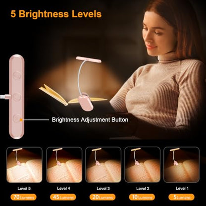 Gritin Rechargeable Book Light for Reading in Bed with 19 LED | Eye Caring 3 Color Temps, 5 Brightness Levels, Memory Function, 90 Hrs Runtime Flexible Goose Neck Clip on Light-Pink - color: Pink