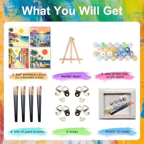 4 Pack Scenery Paint by Numbers for Adults with Frame Canvas - Wooden Easel - color: BKH2816+BKH2817+BKH2818+BKH2819