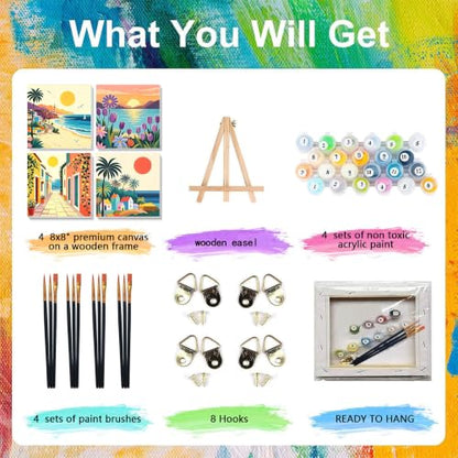 4 Pack Scenery Paint by Numbers for Adults with Frame Canvas - Wooden Easel - color: BKH2816+BKH2817+BKH2818+BKH2819