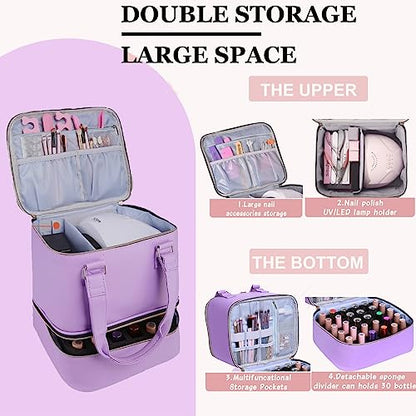 FCQQYWZ Nail polish Case, Nail Polish Organizer Bag and Nail Dryer Case Holds 30+ Bottles (15ml/0.5 fl.oz) and a Nail Lamp, Travel 2 Layer Nail Polish Storage with Sturdy Handles(Purple) - color: Purple-30Bottles