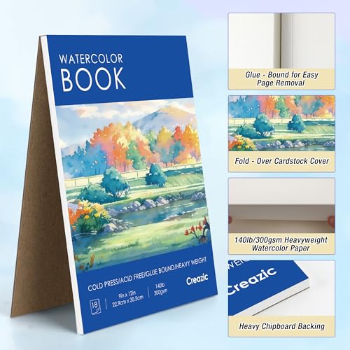 Creazic Watercolor Paper Pad, 9"x12", 140lb/300gsm Cold Press Artist Paper - color: Blue, size: 9" x 12" Glue Bound