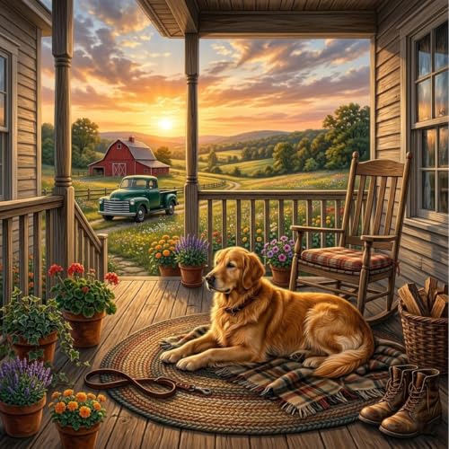 Diamond Art Kits for Adults, 5D Golden Retriever on Autumn Farmhouse Diamond Painting Kits for Beginners, DIY Full Drill Round Diamond Dots Gem Arts Crafts Fall Home Wall Decor 13.8x13.8 In - color: JX0528