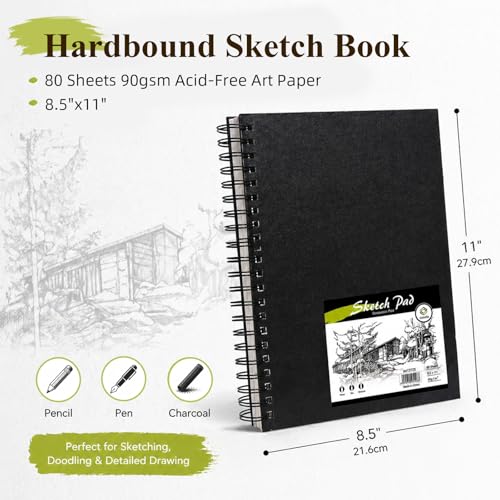 Conda 8.5"x11" Hardbound Sketch Book, 80-Sheets 90gsm Double-Sided Hardcover Sketchbook, Spiral Sketch Pad, Durable Acid Free Drawing Art Paper for Adults - color: Black, size: 8.5"x11" 1 Pack
