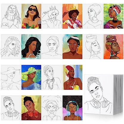 Sherr 10 Pcs Pre Drawn Canvas for Painting,Classic Afro Queen,8 X 10 Inch | Preprinted Stretched Cotton Canvas for Adults, Pre Drawn Painting Outlines for Couple Date Night, Sip and Paint Party Favor - style: Classic Afro Queen
