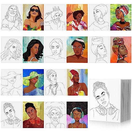 Sherr 10 Pcs Pre Drawn Canvas for Painting,Classic Afro Queen,8 X 10 Inch | Preprinted Stretched Cotton Canvas for Adults, Pre Drawn Painting Outlines for Couple Date Night, Sip and Paint Party Favor - style: Classic Afro Queen