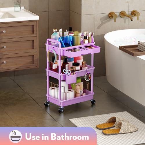SUNALLY Makeup Cart Organizer with Drawer,3 Tier Rolling Makeup Cart,Purple - color: Purple, size: 3 Tier
