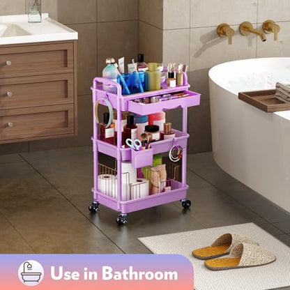 SUNALLY Makeup Cart Organizer with Drawer,3 Tier Rolling Makeup Cart,Purple - color: Purple, size: 3 Tier