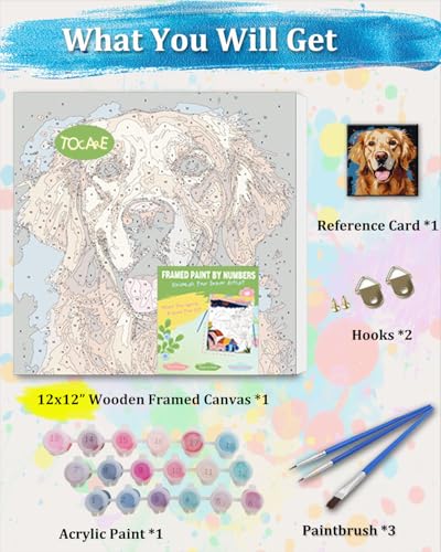 TOCARE Framed Paint by Numbers Kit for Adults & Kids Ages 8-12, 12x12Inch Dog Paint by Numbers with Frame, Golden Retriever Paint by Number Framed Canvas for Puppy Lovers (Without Easel) - color: TC-F-346