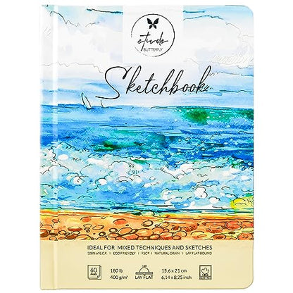 Mixed Media Sketch Book Hardcover 60 Pages Thick 400 GSM / 180 lb Acid Free Paper Lay Flat Bound for Drawing Painting 6,14“ x 8,25“ for Kids and Adults Beginners and Professionals Eco Friendly