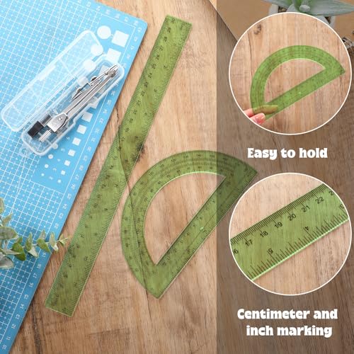 Zonon 3 Pcs 12" Clear Plastic Ruler 6 Inch Protractor Compass Set, Green - color: Green, size: 12 Inch