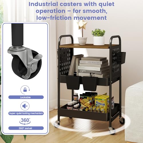 3 Tier Rolling Cart, Metal Storage Cart with Wooden Tabletop, Storage Cart with DIY Pegboards & Locked Wheels, Hooks & Hanging Cups for Any Room, Black - color: Black