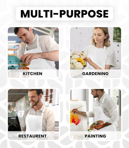 Adjustable Bib Apron 100% Polyester Kitchen Aprons Waterdrop Resistant Aprons with Adjustable Strap, Pockets & Long Ties - color: White, style: Pack of 12