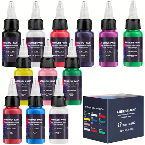 Airbrush Paint 12 Colors, Ready to Spray Airbrush Paint Set, Water-Based Acrylic Air brush Paints for Metal, Plastic Models, Canvas, Wood, 0.67 Fl Oz/20ml - color: 12 Colors