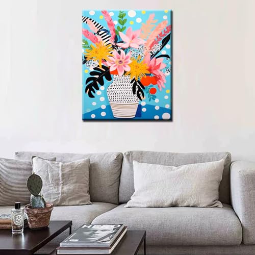 Flowers in a Floral Vase DIY Paint by Numbers for Adults Seaside Vacation Lady DIY Oil Painting Acrylic Paint Art Painting Kit Canvas with Acrylic Paints Mixed Media Art 16x20 Inch（DIY Frame ） - color: Floral Vase 05, size: 16''x20''(DIY Frame)