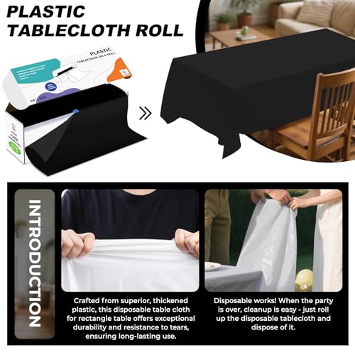 54IN X 320FT Plastic Table Cover Roll with Cutter Box, Cut to Size Plastic Table Cloths for Parties, Birthday, (Black, 54"x3840"(Rectangular)) - color: Black, size: 3840" x 54" (Rectangular)