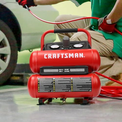 Craftsman 2-Gallon Air Compressor, 1/3 HP Oil-Free Twin Tank, 125 PSI | Lightweight, Home DIY, Tire Inflation, Spray Painting, Oil-free, Low Maintenance, Quiet Operation, 0.5 CFM @ 90PSI