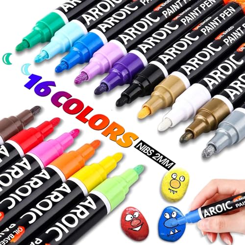 AROIC Paint Pens Paint Markers, 16 colors Oil-Based Waterproof Painting Marker Pen Set On Rock, Wood, Fabric, Metal, Plastic, Glass, Canvas, Mugs, Waterproof, DIY Craft and More - color: 16pcs