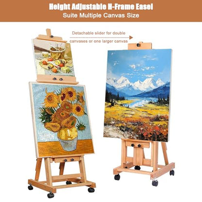Art Easel for Painting, H-Frame Standing Studio Painting Easel | Tilting Flat Adjustable with Wheels for Adults Artist, Can Holds 2 Canvases