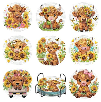 8 Pcs Cow Diamond Painting Coasters with Holder, Highland Cow Diamond Painting Kits, Cute Cow Diamond Art Coasters, 5D DIY Full Drill Diamond Dots, Diamond Art Kits for Adults Crafts Supplies - color: Bdwy152-us