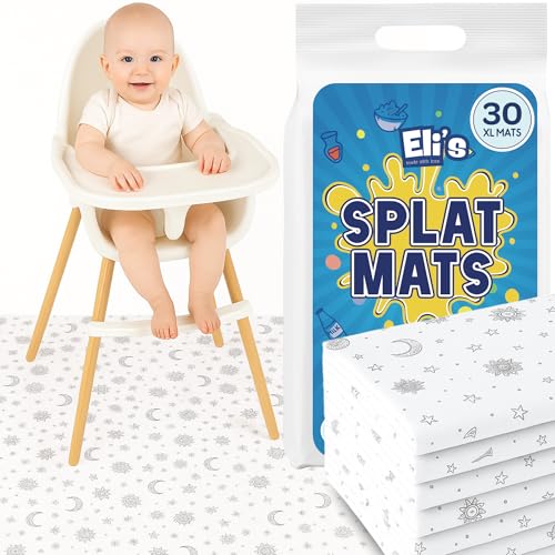 30 Pack Disposable Splat Mats by Eli with Love - Extra Large 49"x49" 100% Waterproof Baby Splat Mat for Under High Chair - Plastic Mat Liner for Floor - Protect from Spills (Moon & Stars, 30 Pack) - color: Moon & Stars, size: 30 Pack