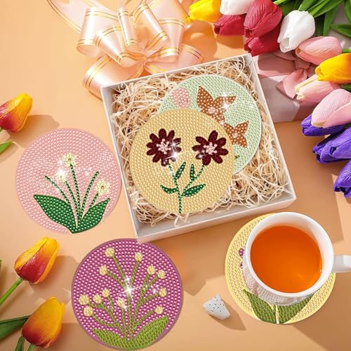 DOTSOPS 6 Pack Flower Diamond Art Coasters with Holder for Adults 4 in - color: A-Flowers